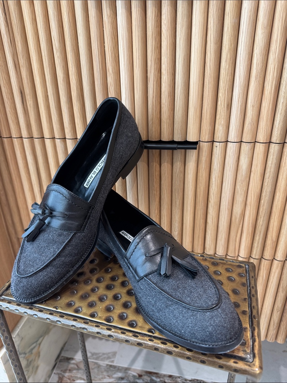 Manolo Blahnik Black Wool & Leather Tassel Loafers